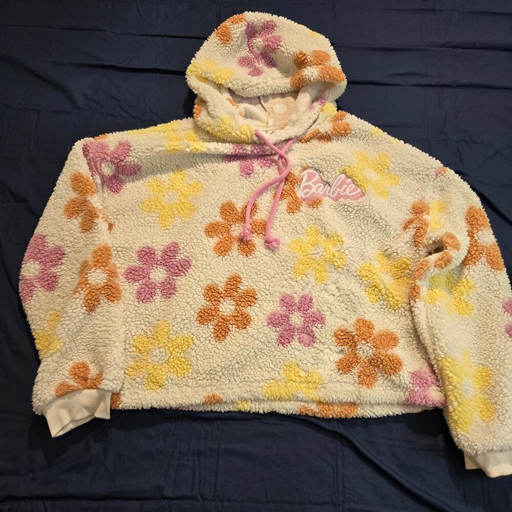 Barbie Official Cozy Floral Sherpa Pullover Hoodie Size L Boxy